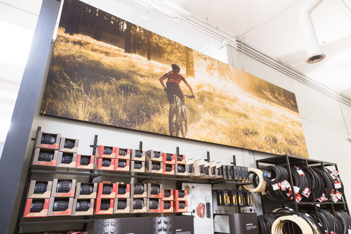 Large canvas with a women riding her bike in the woods. 