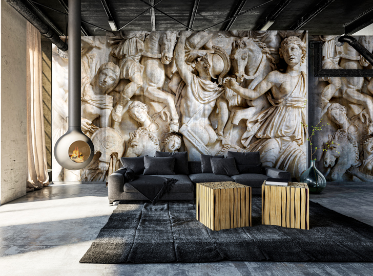 Decal of Roman Statues on wall in front of a couch.